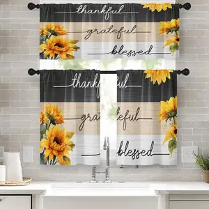 Sunflower Kitchen Window Curtains Valance and Tier Set 36 Inch, Wooden Boards Vintage Rod Pocket Short Tier Curtain for Bathroom, Grateful Small Cafe Drapes for Kitchen Decor