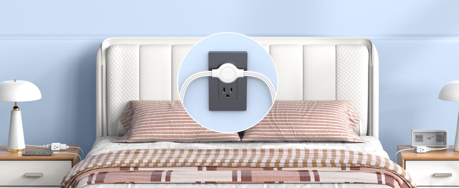 TROND Split Extension Cord Power Strip, Twin 6ft on Each Side, Low-Profile Flat Plug, Dual 3 Grounded Outlet Extender Cubes, 13 Amps, 16 Gauge Wire, for Behind TV Stand Sofa Headboard, Indoor, White