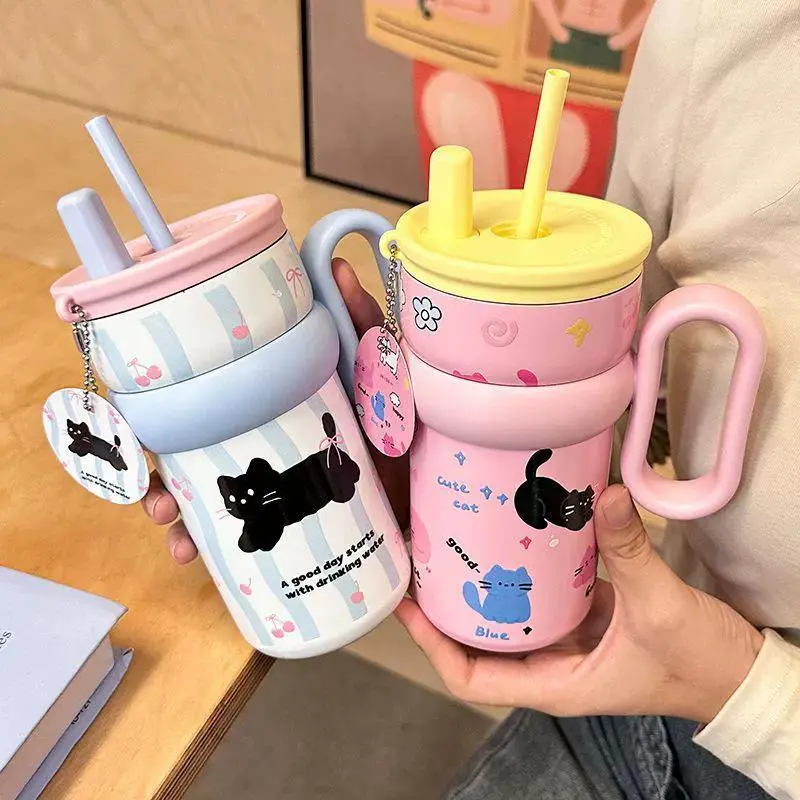 Cute Cat Pattern Vacuum Flask Thermos Cup, Leakproof Insulated Tumbler, 1 Count Large Capacity Insulated Water Bottle with Straw & Handle, Drinking Cup for Home Office School, Drinkware