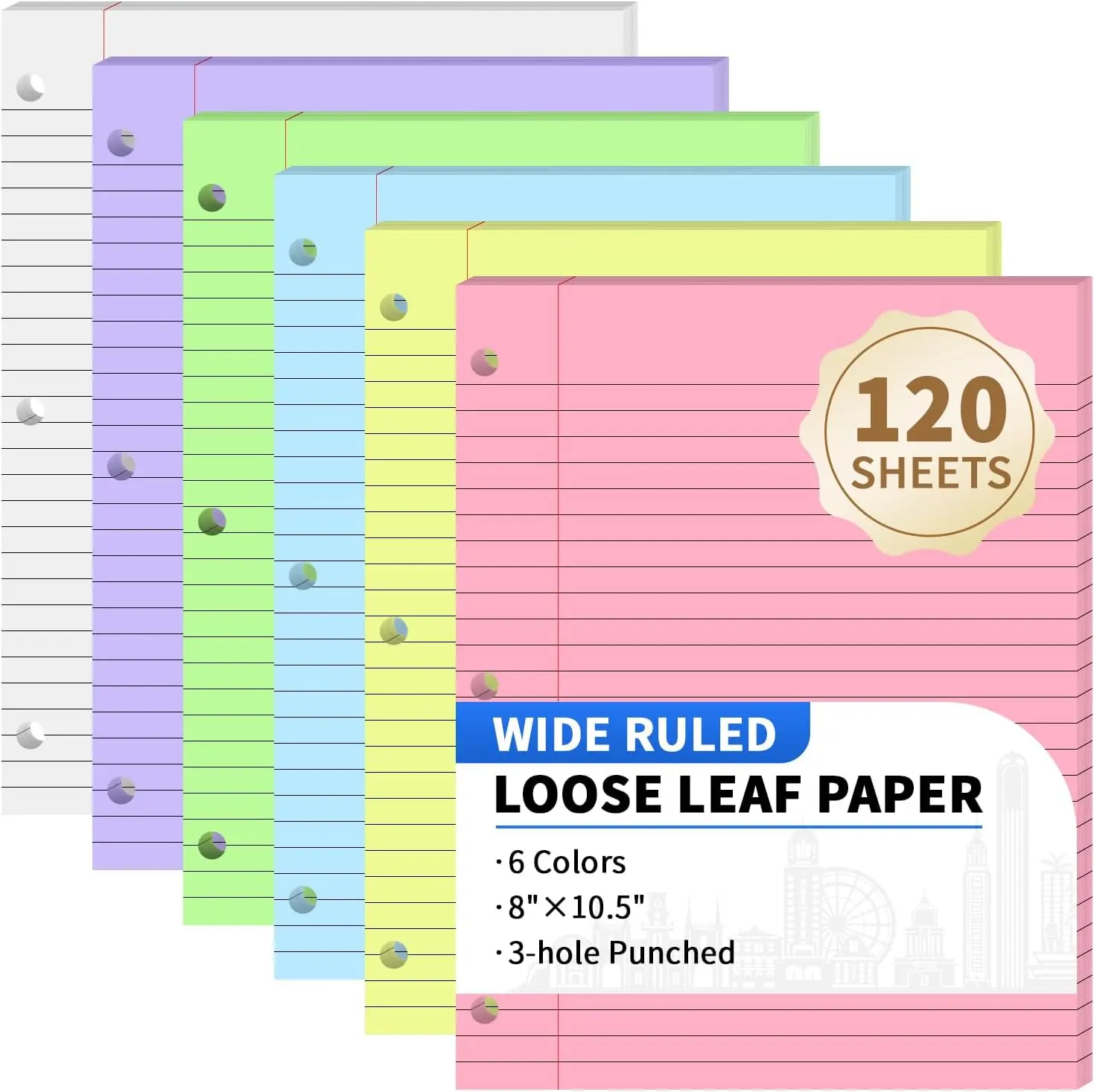 Loose Leaf Binder Paper, 6-Color Wide Ruled Lined Paper, 8” x 10.5”, 3-Hole Punched Notebook Paper Writing Paper for School Office