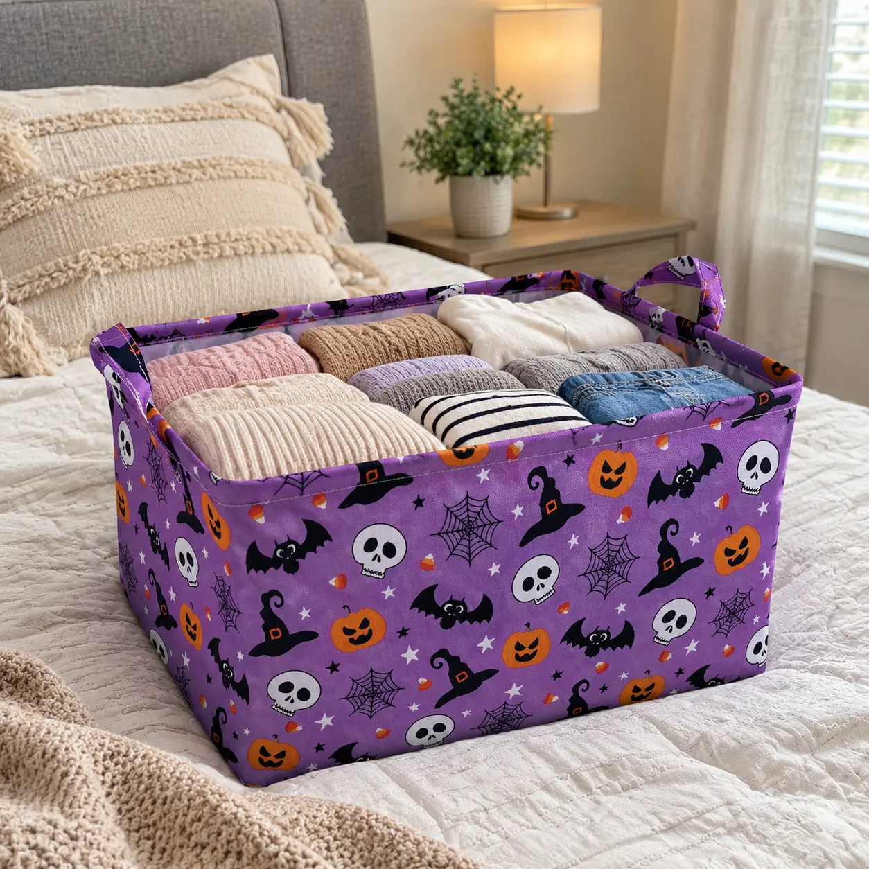 2PCS Halloween Storage Baskets, Foldable Cotton Linen Organizer Bins with Handles, Large Capacity Toy Clothes Storage Box for Kids Room Bedroom Closet Living Room, Portable Fabric Basket for Home Organization, Cute Halloween Decor