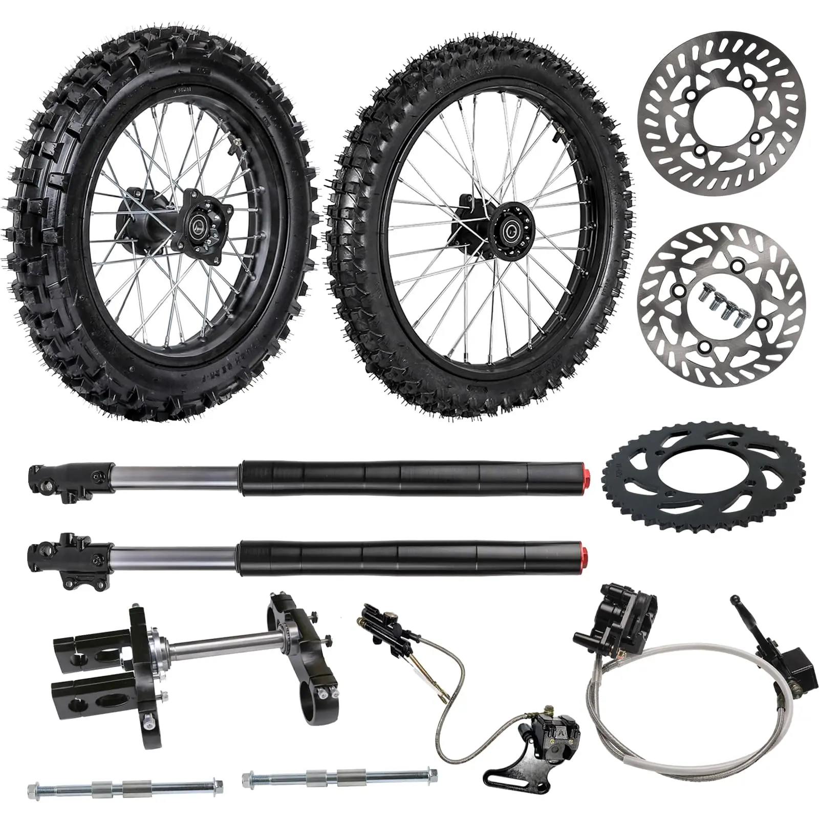 17" 14" Pit Dirt Bike Wheels Complete Kit 90/100-14 70/100-17 Tire with 28 Inch Front Forks, Triple Tree, Disc Brake Rotor & Caliper Cylinder for Offroad Motorcycle Scooter 125cc 150cc