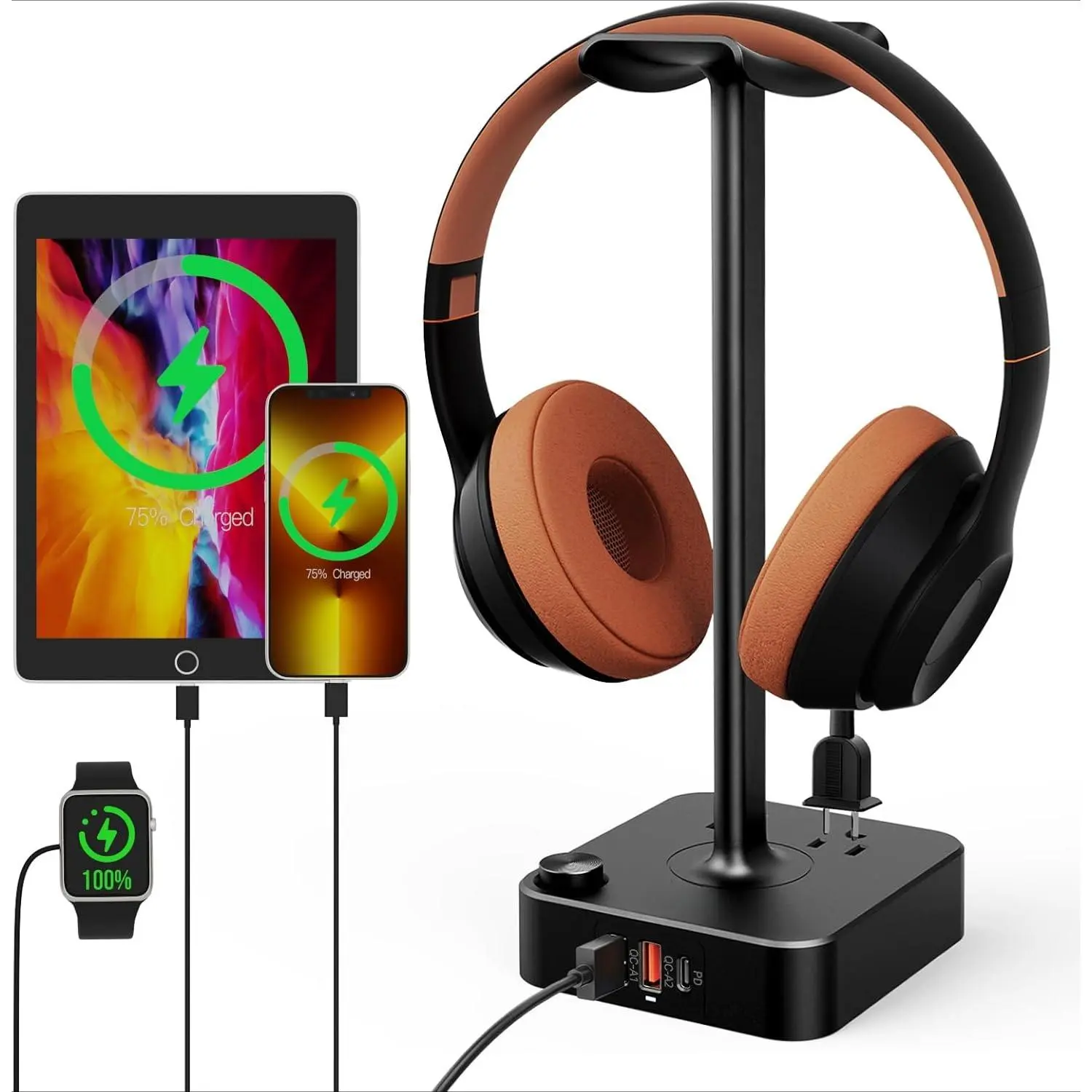 P-CPS024 Plastic Shell Headphone Stand with USB Charger, 3 USB Ports, 2-Outlet Power Strip Plug, Desktop Gaming Headset Holder Hanger for Gamers, Tablet & Electronic Device Accessories