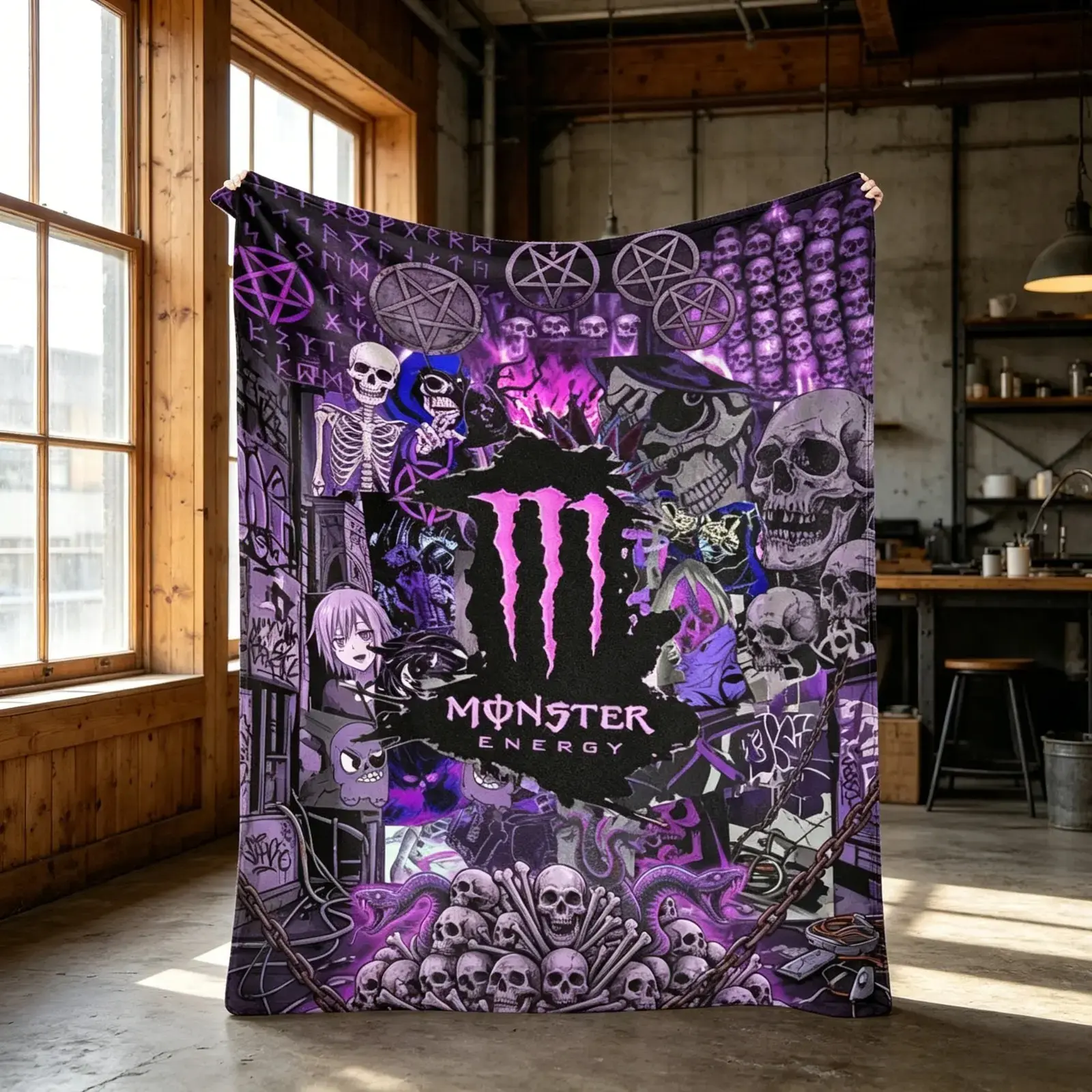 Gothic Skull Monster Energy Style Flannel Blanket Dark Purple Pentagram Horror Graphic Soft Cozy Lightweight AC Throw Blanket Kids Adults Sofa Bed Bedroom Living Room Office Travel Camping Movie Night Home Decor Gift Halloween Party Gothic Aesthetic Viral