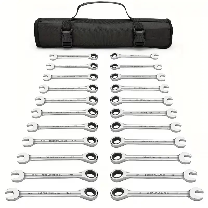 22Pcs Ratcheting Combination Wrench Set 11 Metric +11 SAE Chrome Vanadium Polished Ratchet Spanner Kit Open Box End Wrenches With Portable Roll Storage Bag For Auto Motorcycle Bicycle Garage Mechanic DIY Repair Hand Tools