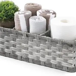 [Larger Compartments] Toilet Tank Topper Paper Basket - Multiuse Hand Woven Plastic Wicker Basket with Divider for Organizing, Rustic Farmhouse Bathroom Decor, Countertop Organizer Storage, Grey