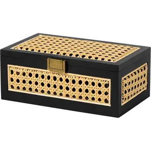 Rattan Storage Boxes Decorative Handmade Wood Baskets with Lid Wooden Frame Boho Rustic Wicker Box Stacking Woven Cane Bins Shelf Closet Desk Organizer Container (Black, Small)