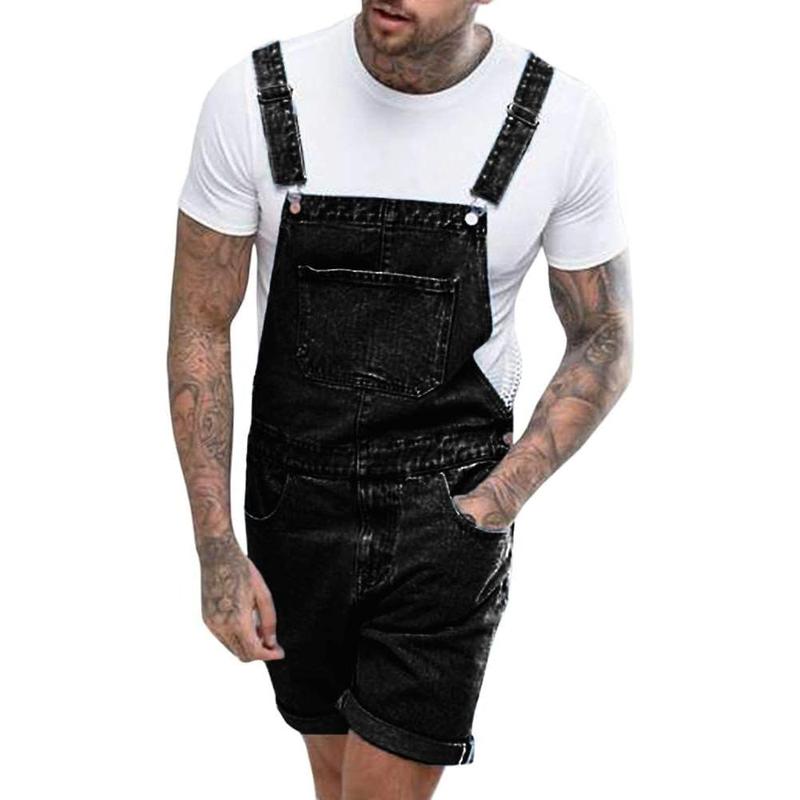 Beotyshow Mens Denim Shorts Bib Overall Jean Romper Casual Loose Fit Walkshort Button Pockets Summer Jumpersuit Fashion Menswear