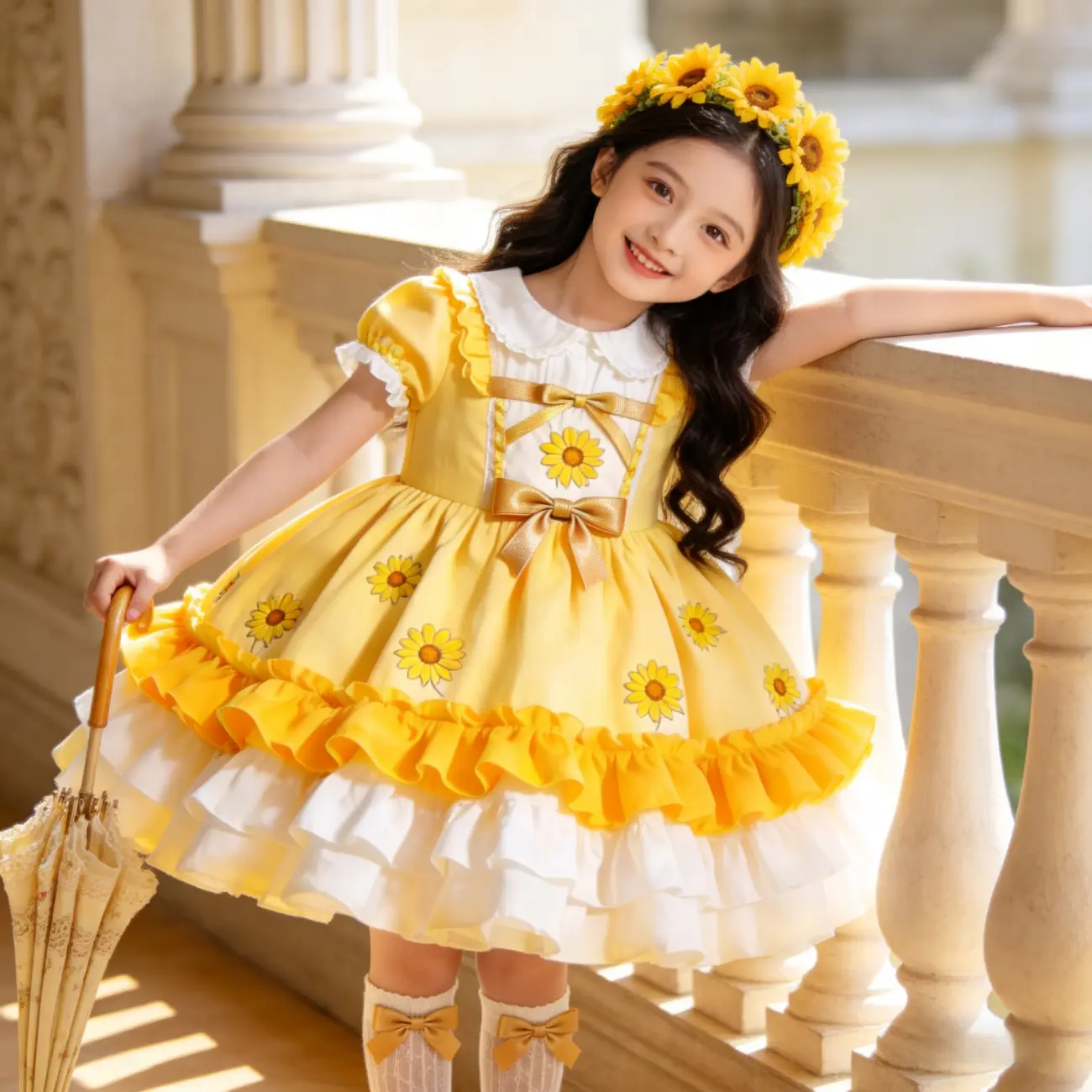Girls’ Sunflower Princess Dress – Summer Multi-Layer Cake Dress with Puff Skirt, Doll Collar, Small Floral Print, Yellow Formal Dress