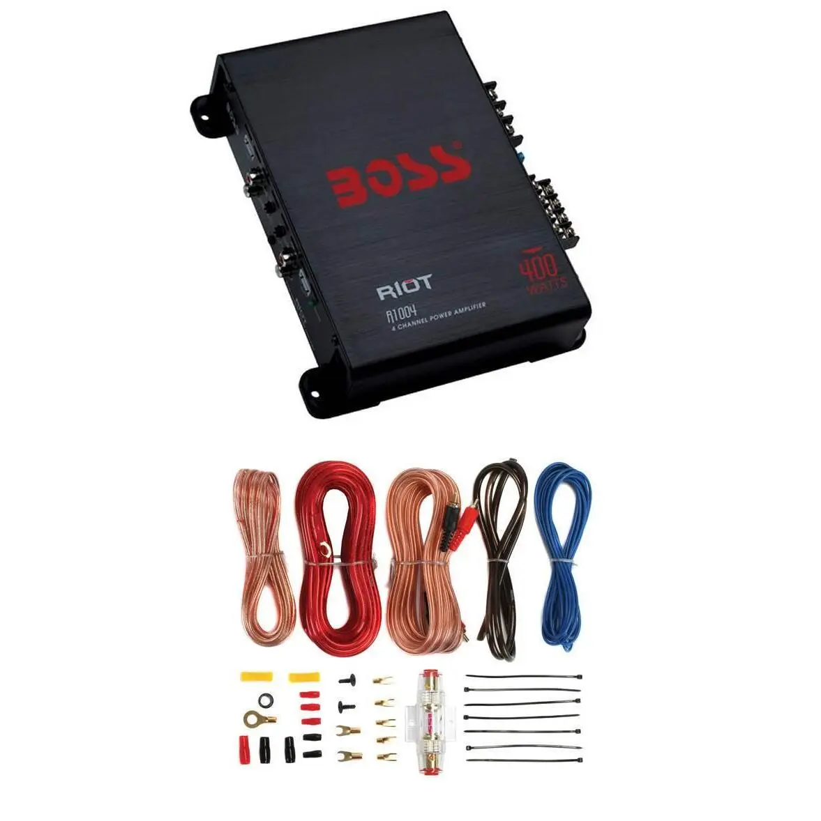BOSS Audio R1004 Riot 400W 4 Channel Car Power Amplifier Mosfet w/ 8 Ga Amp Kit BOSS Audio R1004 Riot 400W 4 Channel Car Power Amplifier Mosfet w/ 8 Ga Amp Kit