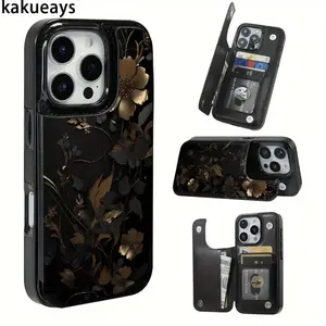 Luxury Black Gold Floral Card Holder Phone Case for iPhone 17/16/15/14/13/12 Pro/Plus/Pro Max/Air with Shockproof Protection Durable Faux Leather Design Flower Cash Slot & Vintage Style