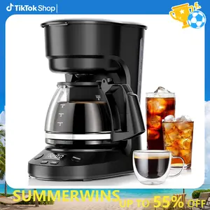 【SummerWins】Compact Drip Coffee Maker 5-Cup Anti-Drip System Timer Removable Funnel Auto Shut-Off Anti-Dry Protection Dishwasher-Safe for Home & Office Black