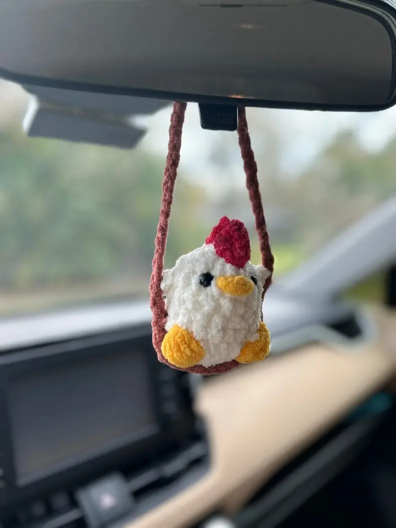 Crochet Swinging Chicken | Car Mirror Accessory | Chick on a Swing | Cute Gift