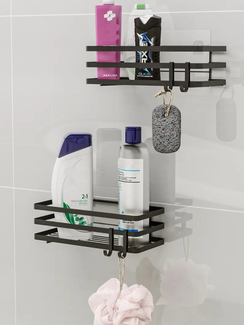 Black Stainless Steel Bathroom Shelf Set: No-Drill Shower Organizer