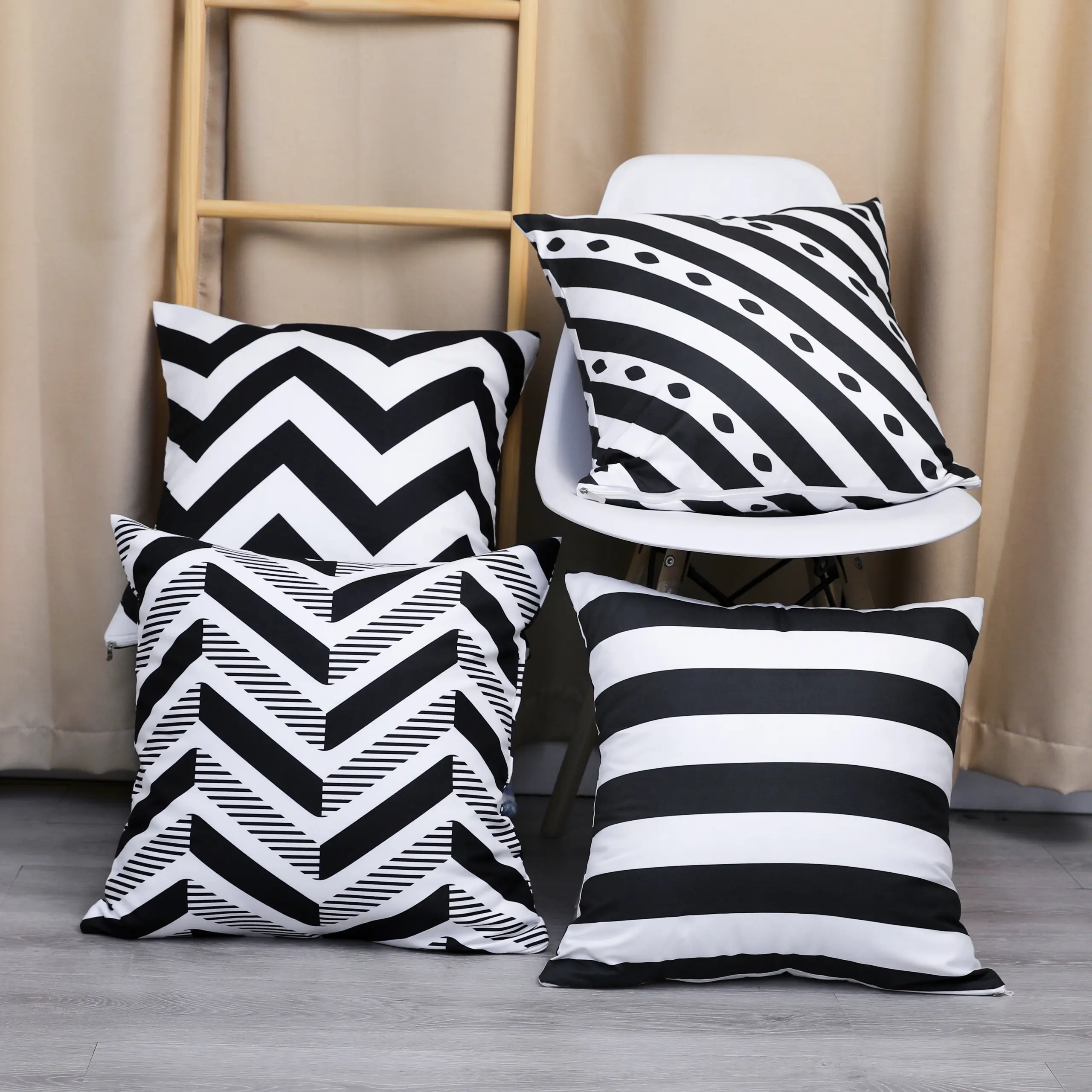 NTBAY 4-Piece Microfiber Throw Pillow Covers Geometric Stripe Pattern Soft Decorative 18x18 Inches Black White High-Quality Dyeing Technology Zipper Closure