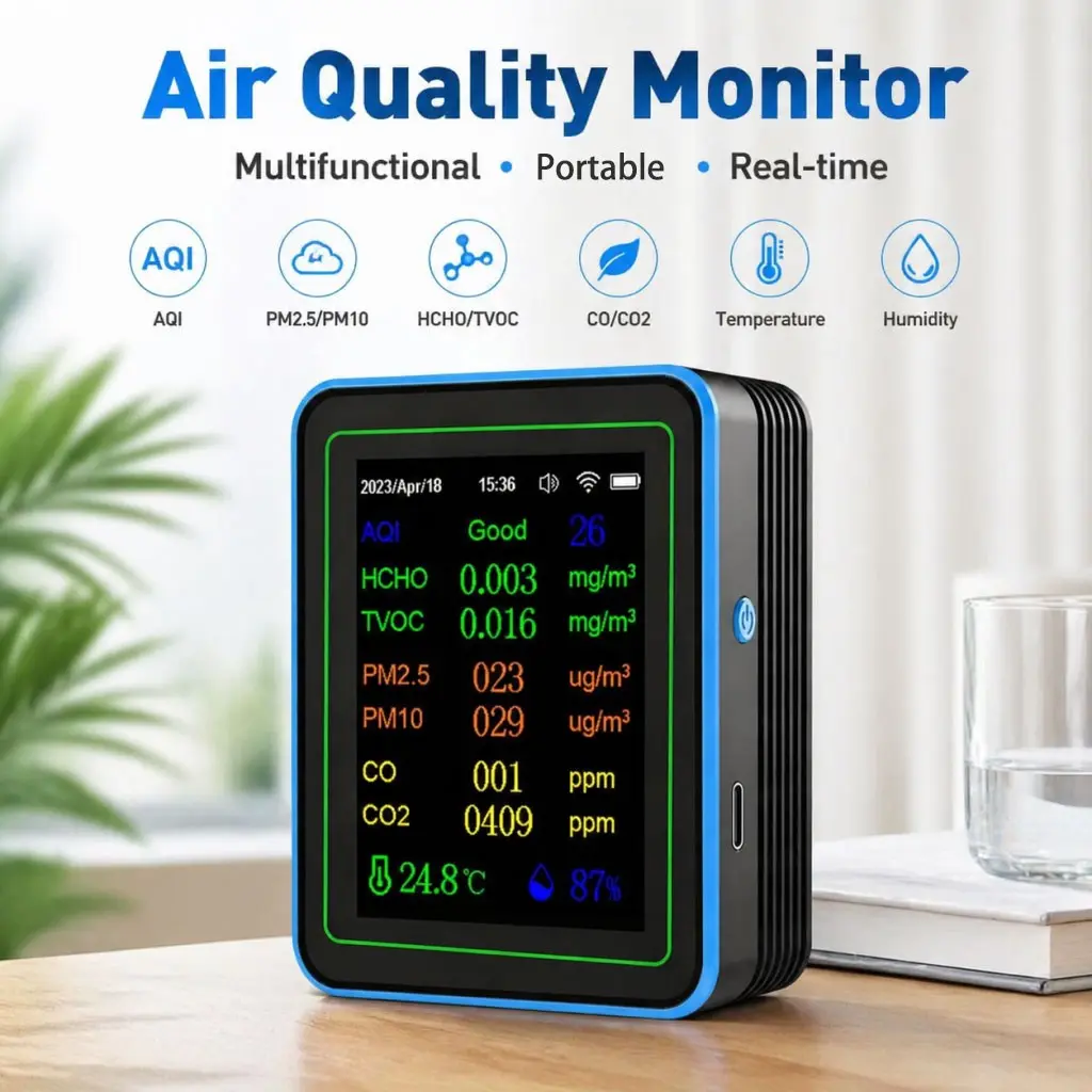 Smart WiFi 12-In-1 Indoor Air Quality Monitor, Remote Monitoring Co2 Concentration, Gas Analyzer with Data Recording, Suitable for Bedroom Office