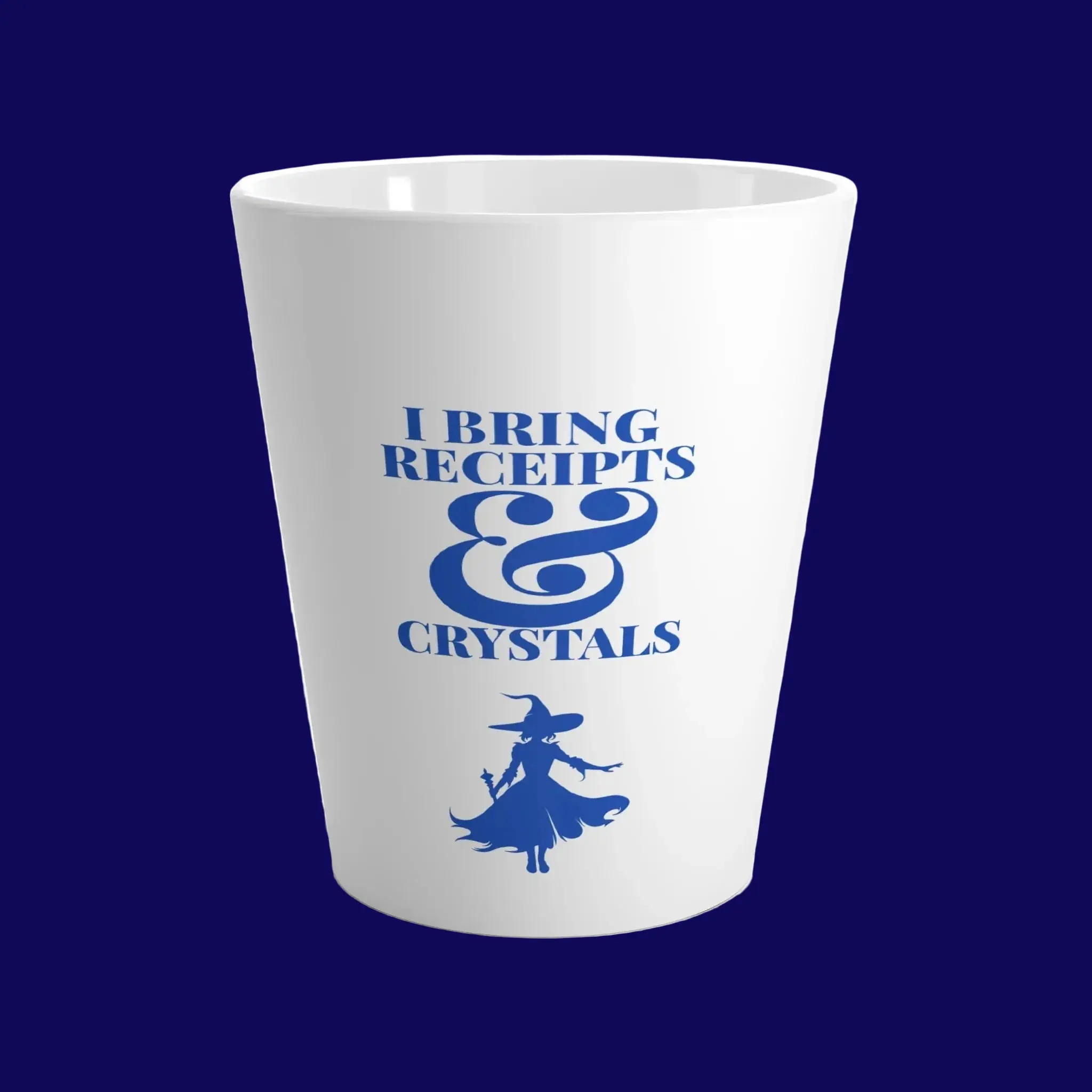 I Bring Receipts and Crystals Witchy Latte Mug 12oz White Ceramic with Sapphire Blue Print – The Ritual Table
