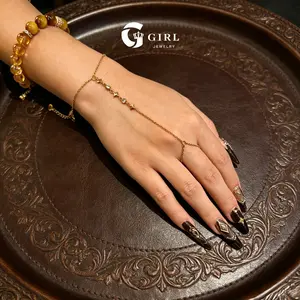 GGIRL 14K Gold Plated Stainless Steel Hand Chain Bracelet for Women, Adjustable Dangle Zircon embellishment Bead Finger Ring Connected Bracelet, Waterproof Trendy Summer Beach Hand Harness Jewelry, Ideal Birthday Holiday Gift for Teen Girls