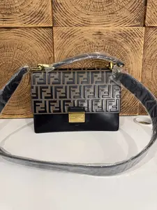 Pre-owned FENDI Kan U Medium Bag in Taupe Embossed FF Leather & Black Grained Leather