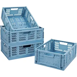 Plastic Drawer Organizer Collapsible Storage Boxes Crate,4-Pack Stackable Folding Storage Basket Closet Containers  Organiser for  Office Bedroom Kitchen Drawer Pull Out Under Bed-Blue