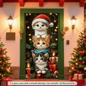 2D Door Banners, 2D Flat Banners, 1-inch Christmas Banners - Holiday Decorations with Cute Cats on Santa Hats and Wreaths, Suitable for Home, Office, and Party Decorations - Year-Round Hanging Decorations, Easy-to-Hang Design