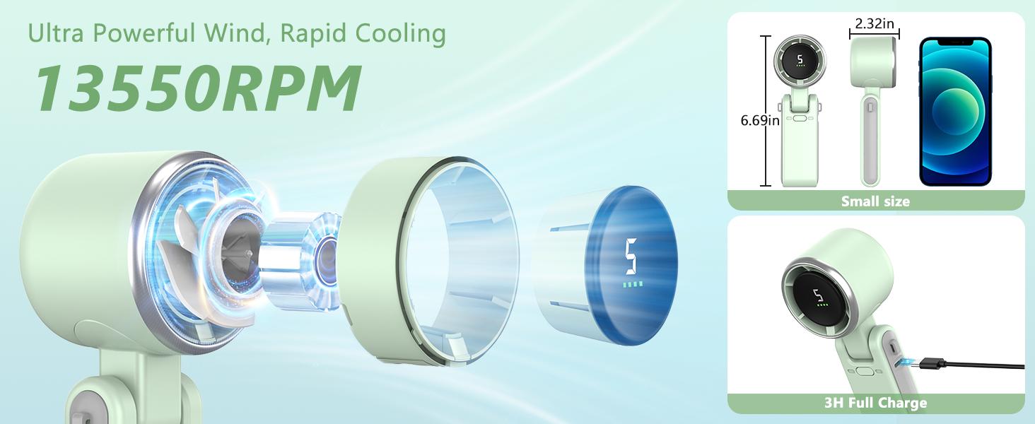 Portable Handheld Turbo Fan,5 Gear Wind, Battery Operated,3 IN 1 Hand Fan for Travel/Camping/Outdoor (Ideal Gift for Women & Men)