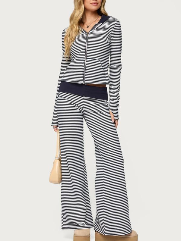 Women's 2 Piece Casual Outfits Long Sleeve Zip Up Hooded Striped Tops Wide Leg Pants Sets