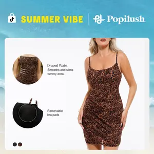 Popilush Fashion Casual Dresses for Women Ruched Bodycon Mini Dress with Smooth Fabric Patented Built-in Shapewear Party Club Night Out Outfits Womenswear Overall