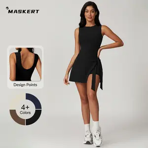 MASKERT Women's High Elasticity Sleeveless Sports Dress Tummy Control Buttery Soft Activewear for Fitness & Commuting