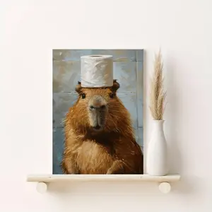 2D Flat, One Unframed Quirky Capybara And Roll Paper Canvas Poster, Suitable for Wall Art, Prints, And Decorations. Ideal for Gifting, It Enhances The Ambiance of Bedrooms, Offices, Living Rooms, Cafes, And Dormitories
