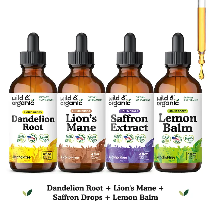 Wild & Organic Total Body Wellness Bundle: Dandelion Root for Fluid Balance, Lion's Mane for Cognitive Support, Saffron Drops for Mood Balance, Lemon Balm for Relaxation, Vegan, Sugar & Alcohol-Free