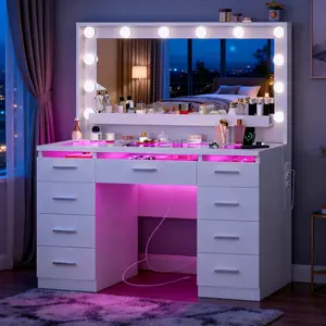 Vanity Desk with Big Mirror and RGB Lights ,Large Makeup Vanity Table Set Transparent Glass Top with 9 RGB Drawers, Vanity Desk with  Power Outlet White Bedroom Women