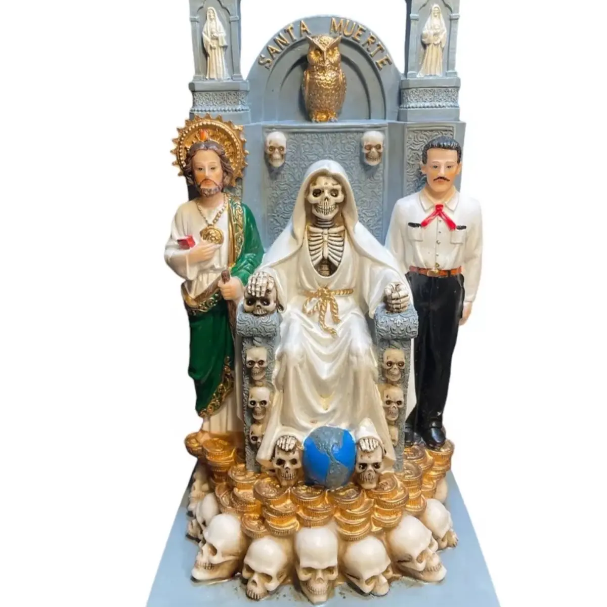 Santa Muerte Sentada En El Trono 12" Con San Judas Y Malverde Skull & Money Base