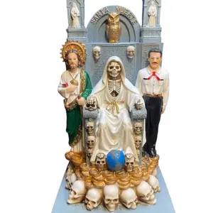 Santa Muerte Sentada En El Trono 12" Con San Judas Y Malverde Skull & Money Base