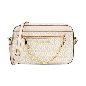 Michael Kors MK Jet Set Vintage Monogram Camera Bag for Women – Pink and White PVC Leather Crossbody Bag
