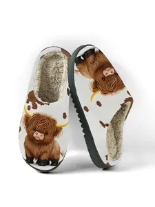 Cute Mini Highland Cattle Printed Fluffy Home Slippers for Women and Men, Breathable Comfort Indoor Couple Shoes, Bedroom Slippers, Casual Warm Home Shoes