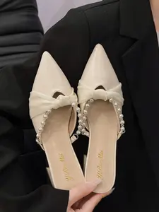 Women's Elegant Pearl Decorated Mule Sandals, Trendy Minimalist Heeled Sandals, Chic All-match Shoes for Party & Daily Wear, Classy Sandals, PU Leather Mules