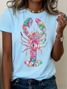 Women's Lobster Pattern T-Shirt - Soft Pink And Turquoise Coastal Print, Loose Fit, Short Sleeves, Round Neck, Lightweight And Breathable Summer Beach Party Top, Vibrant Lobster Design, Women's Casual Everyday Shirt, Machine Washable,  Gift Choi