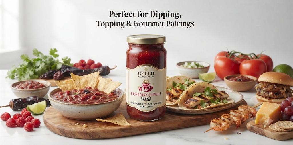 Bello Signature Raspberry Chipotle Salsa – Sweet & Smoky Raspberry Salsa with Chipotle Spice – Premium Gourmet Salsa Dip for Tortilla Chips, Tacos, Nachos, Grilled Meats, Seafood & Everyday Meals – Bold Restaurant Style Flavor