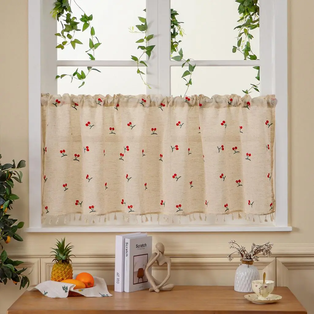 Cherry Pattern Embroidered Curtain, 1 Count Farmhouse Style Curtain, Window Curtain Window Drapes for Home Living Room Bedroom Decor, Home Decorative Curtain