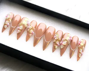 Pearl Flower Press On Nails: Hand-Painted Gold Stiletto Fake Nails