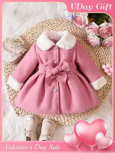 【 Single Item 】 Girls' Clothing, Girls' Coat, Winter Fashion Versatile Coat for Girls, Baby Girl Birthday Gift, Easter Gift, Cute Collar Plush Bow Woolen Coat, Baby Girl Exquisite Sweet Princess Wind Coat, Soft and Comfortable Baby Girl Cold proof Coat