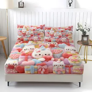 3-Piece Plush Cartoon Cat Print Bedding Set, Includes 1 Fitted Sheet & 2 Pillowcases, Comfortable Anti-Slip Dustproof Cover for Bedroom, Suitable as a Gift for Teenagers and Adults