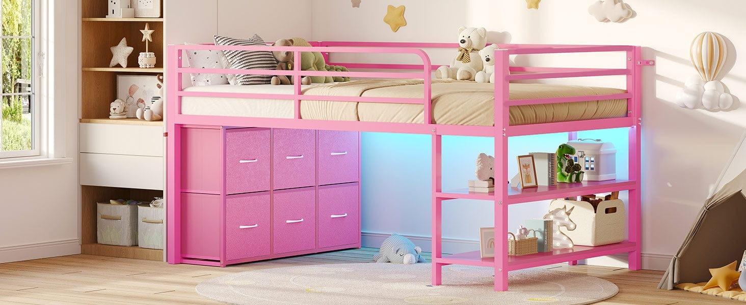 Sikaic Twin Size Low Loft Bed with 6 Storage Drawers and LED Lights Modern Kids Metal Loft Bed with 15H Stairs & Safety Guardrail and 2 Tier Storage Shelves
