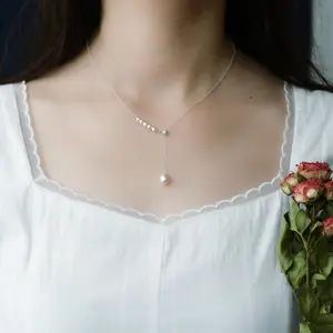 Natural Freshwater Pearl Necklace, Dainty Silver Y Chain Bridal Bridesmaids Wedding Lariat