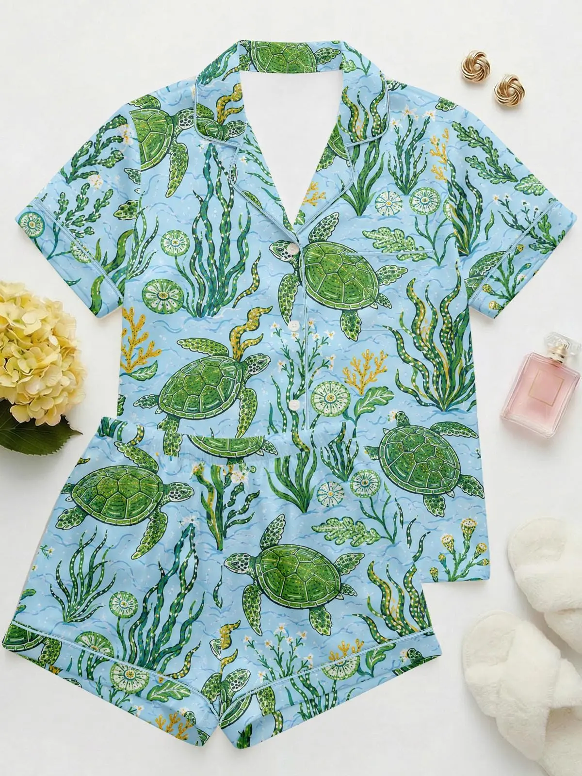 Sea Turtle Pajama Set for Women, Coastal Summer Pajamas, Beach Vacation Sleepwear, Ocean Turtle Satin PJs, Tropical Resort Loungewear