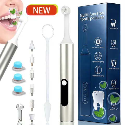 XINGLONGM Portable LED Teeth Brightener Kit for Adults - Lightweight Anti-Slip Grip Aluminum Alloy Build, USB Type-C Rechargeable, 6 Accessories, 3 Polishing Paste Units, Deep Cleaning, LED Illumination, Pearly Whites Whitening At-Home Oral Care Essential