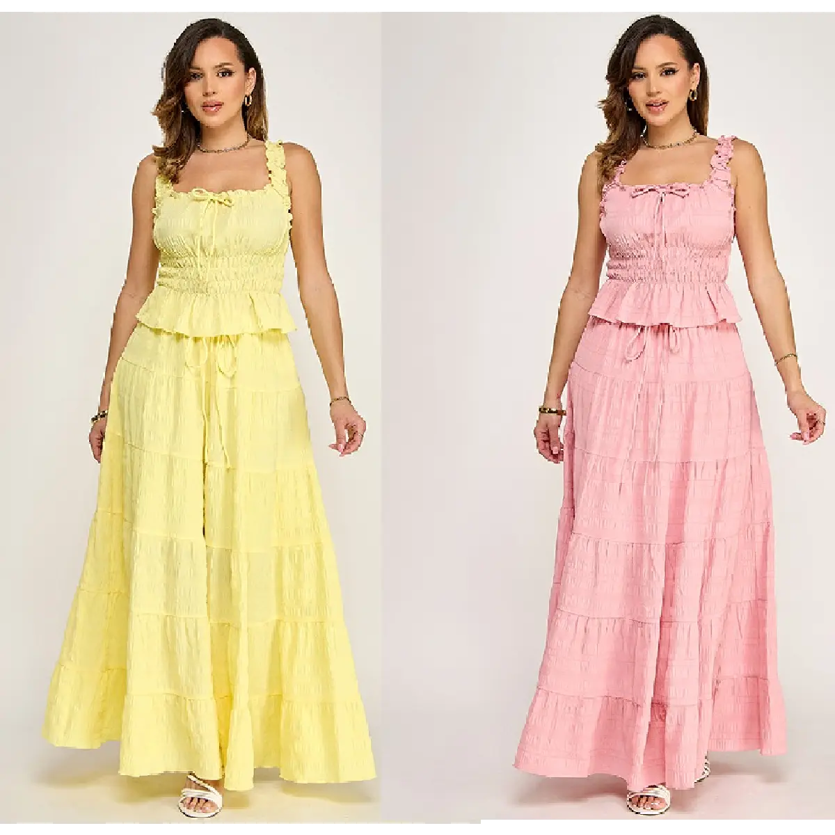 Sleeveless Ruched Ruffle Hem Top with Tiered Maxi Skirt Set  vendor detail info