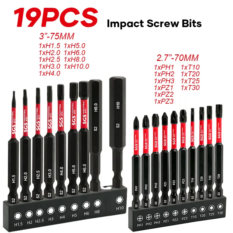19 Pcs Industrial Premium S2 Alloy Steel Torx/Internal Hex/Phillips/Pozi Screwdriver Bits Set, Impact And Wear-Resistant, Anti-Slip Magnetic High Torque Drill Head, 1/4" Shank With Black Base, For Woodworking, Home Repair, Offices And DIY Use