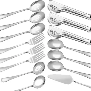 Pack Of 15 Serving Utensils,Stainless Steel Large Flatware Serving Tools Kit,Included Spoons,Forks,Tongs,Slotted Spoon,Ladle,Cake Server for Kitchen Catering Banquet Wedding Buffet Party